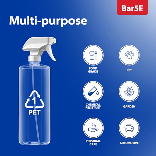 Bar5F Plastic Spray Bottles with Mixor Trigger, 32 oz | Professional, Leak Proof, Empty, Adjustable Fine to Powerful Sprayer, Refillable | Water Plants, Cleaning Solutions | Crystal Clear | Pack of 2