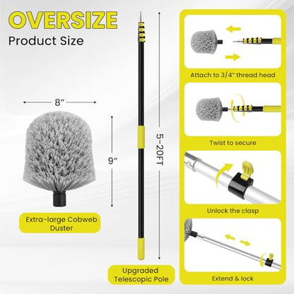 20FT High Reach Cobweb Duster with Extension Pole, Spider Web Brush for Cleaning with 3-12FT Telescopic Pole, 8" Larger Extendable Duster for High Indoor & Outdoor Webs - size: 12FT