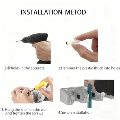 PP Plastic Multi-Function Broom & Mop Wall Mount Holder (16.93.352.36in, Gray) - Screw-Mounted Space Saver for Kitchen/Garage/Garden Tool Organization