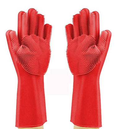 Silicone Dishwashing Gloves, Pet Grooming Rubber Scrubbing for Dishes, Sponge Wash Cleaning with Scrubbers (13.6" L) - color: Red