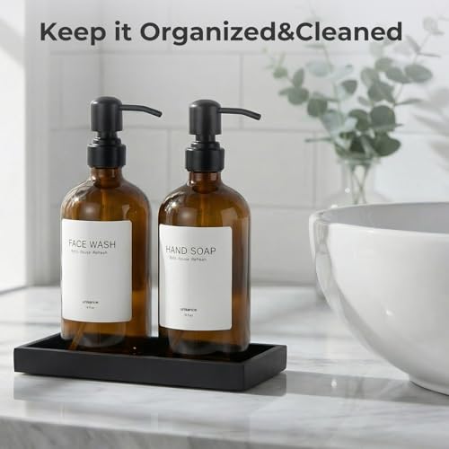 2 Packs Glass Dish Soap Dispenser Set for Kitchen, Hand and Dish Soap Dispenser with Stainless Steel Pump & Resin Tray, Rental-Modern Refillable Countertop Soap Dispenser for Bathroom,Amber - color: Amber