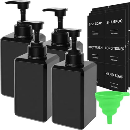 Black Soap Dispenser with Waterproof Labels, Thickened Plastic Hand Soap Dispenser for Bathroom, Kitchen Dish Washing Liquid Bottles, Shampoo and Conditioner Bottles with Funnel (15oz 4Pack Black) - color: 15oz 4 Pack Black