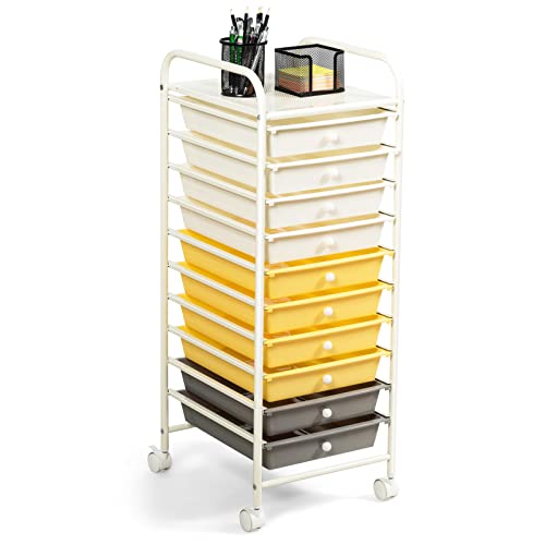 COSTWAY 10-Drawer Rolling Storage Cart, Utility Mobile Trolley with Removable Drawers & Universal Casters & 2 Brakes, Versatile Flexible Drawer Organizer Cart for Home, Office (Yellow) - color: Yellow, size: 13"L x 15"W x 34"H (10 Drawer)