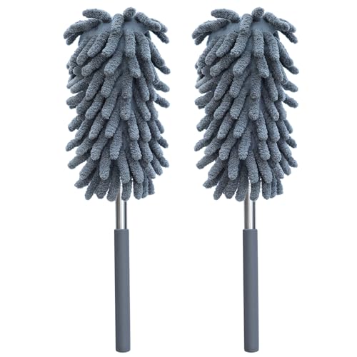 2 Pack Microfiber Duster for Cleaning, Washable Dusters, Extendable Pole, Up to 30 Inch Reachable, Wet and Dry Use Cleaning Tools for Car, Ceiling Fan, Window, Furniture, Office