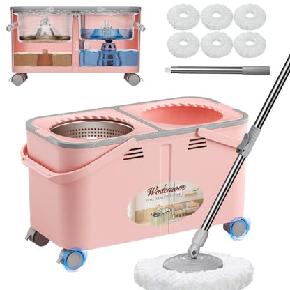 2026 Upgraded Gen 2 Spin Mop and Bucket Set with 4 Swivel Wheels for Easy Rolling, Separates Clean & Dirty Water, Floor Mop with 6 Washable Mop Heads for Wood, Tile, Vinyl, Baseboards - Pink - size: Pink Mop Bucket + 6 Extra Refill