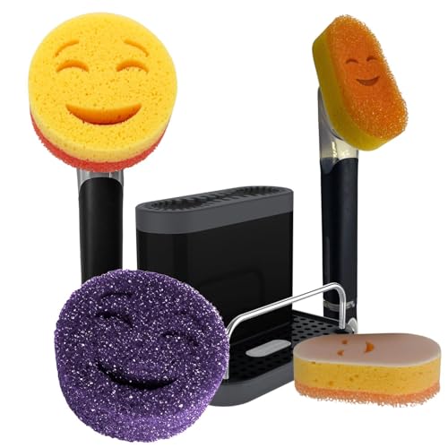 Smilyeez Caddy Combo, Sink Caddy, Smiling Handle, 2 Scrub Moji Sponges, Dishwand with 2 Mini Moji Sponges (Black) - style: Black - Mini Moji