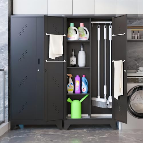 VASAAOSD 71" Broom Closet Cabinet with Hanging Rod, Tall Black Metal Storage Cabinet for Bathroom, Utility Room, and Garage - color: 71"h Black
