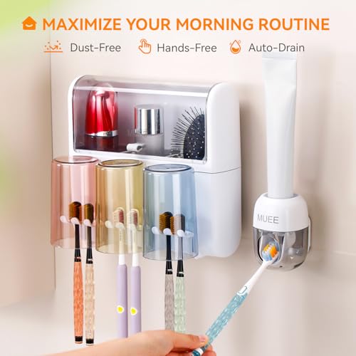 Toothbrush Holder Wall Mounted with Automatic Toothpaste Dispenser, Dustproof Flip Cover and Inverted Cup Slots, Multi-Functional No-Drill Bathroom Organizer for Family, Space Saver (3 Cups) - color: 3 Cups