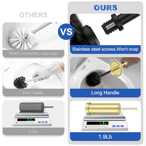 304 Stainless Steel Toilet Brush and Holder Set, Toilet Bowl Brush and Holder, Heavy Duty with Long Handle, Removable Inner Bowl and Splash Protection for Bathroom - color: Brushed Gold