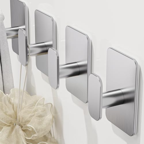 Large Heavy Duty Wall Hooks - 26lb Max, Stainless Steel Adhesive Towel Hooks for Hanging Towel, Coat, Robe, Hat, Sticky Towel Holder for Wall Mount in Bathroom, Shower, Kitchen(Silver, 4 Pack) - color: Silver