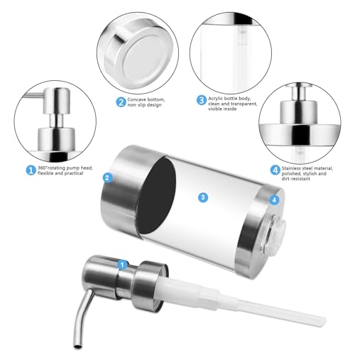 Dish Soap Dispenser Stainless Steel Case Acrylic Liner Hand Pump Dispenser Shatterproof and Leakproof Refillable Liquid Hand Soap Dispenser for Bathroom & Kitchen (10OZ/300ML)