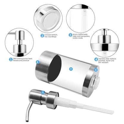 Dish Soap Dispenser Stainless Steel Case Acrylic Liner Hand Pump Dispenser Shatterproof and Leakproof Refillable Liquid Hand Soap Dispenser for Bathroom & Kitchen (10OZ/300ML)
