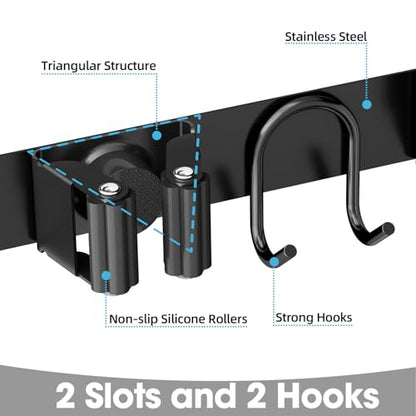 Broom Holder Wall Mount, Stainless Steel Mop and Broom Organizer, Broom Hanger with 2 Slots 2 Hooks for Home Kitchen, Garage, Garden and Laundry Room, Black - color: Black-1 Pack