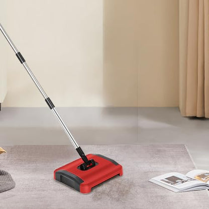 Manual Carpet Sweeper with 3 Rolling Brushes, Wheels and Large 43" Detachable Waste Bin for Pet Hair Dust Debris Floor Cleaner