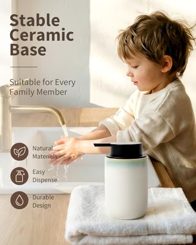 BosilunLife Hand Soap Dispenser - Foam Soap Dispenser Bathroom Ceramic Dish Liquid Soap Dispenser for Kitchen, Bathroom Countertop Soap Dispensers (White with Blue-Green Rim Foam Pump) - color: White With Blue-green Rim Foam Pump