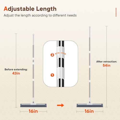 Floor Squeegee Broom with Rubber Scrubbing Teeth, 16 Inch 2-in-1 Magic Broom with 54 Inch Telescopic Long Handle, Shower Floor Squeegee for Bathroom, Kitchen, Tile, Concrete, Pet Hair