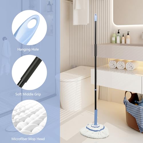 Self-Wringing Twist Mop for Floor Cleaning, 57” Long Handle Heavy Duty Microfiber Mop for Wet Mopping on Tile, Hardwood, Kitchen, Bathroom, Patio, Garage, Commercial Household Clean (Blue) - size: Blue-Complete Mop