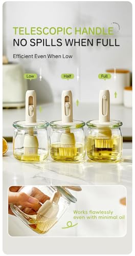 Retractable Oil Brush Dispenser, 2-in-1 Glass Olive Oil Bottle with Silicone Basting Brush — Adjustable Telescopic Design for Cooking, BBQ, and Baking (White/Green/Yellow) (WHITE) - color: WHITE