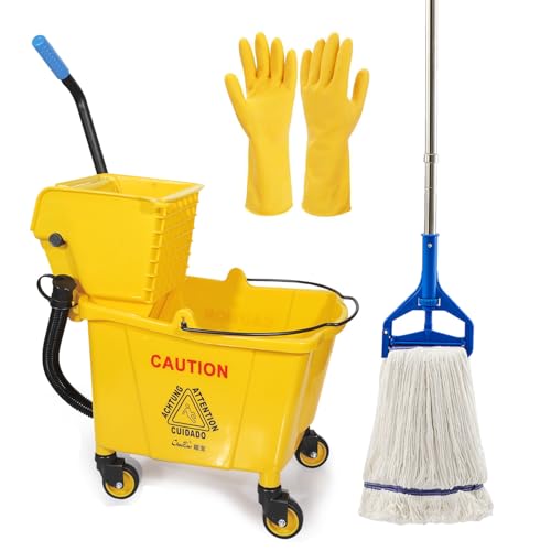 35 Qt. Side-Press Mop Bucket and Wringer Combo on Wheels Yellow for Professional/Industrial/Business Heavy-Duty Floor Cleaning/Mopping,Including Industrial Mop and Rubber Gloves