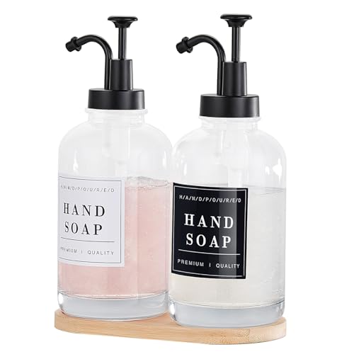 Dish and Hand Soap Dispenser for Kitchen,Glass Soap Dispenser with Pump,Tray,Funnel, Set of 2 Countertop Soap and Lotion Dispenser for Bathroom,Shower, 500ml/16.9oz, - color: Ks-5010-34y-2b