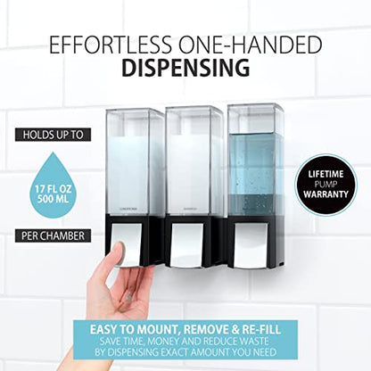 Better Living Products 77384 CLEVER Soap and Shower Triple Dispenser, Black/Chrome - color: Black/Chrome, style: Triple Dispenser