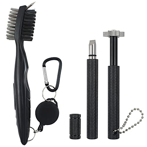 VIPMOON Golf Club Cleaner Kit, 2 Pcs Groove Sharpener Regrooving Tool and 1 Pcs Retractable Club Cleaner Brush, Portable Groove Sharpener Tool for All Golf Irons for Men - color: Black