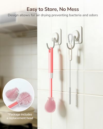 Extendable Bottle Brush with Straw Cleaner Brush, 10.8 to 14 Inches Adjustable Long Handle Water Bottle Scrubber for Cleaning Glasses, Cups, Coffee Mugs, tumblers with Replacement Head, Pink - color: Pink