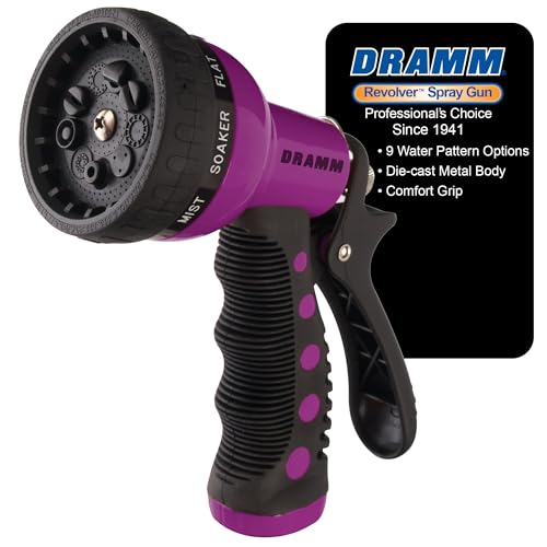 Dramm Revolver Heavy Duty Metal Garden Hose Nozzle – 9 Spray Patterns, High Pressure Jet, Thumb-Control Flow, Ergonomic Grip – Berry - color: Berry, style: 9-Pattern Revolver