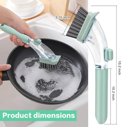 Dish Brush with Soap Dispenser, Green Ergonomic Handle Spring-Loaded Bowl Brush for Kitchen Sink – Quick Clean Dish Scrubber Brush with Soap Dispenser for Dishes, Pots, Bowls