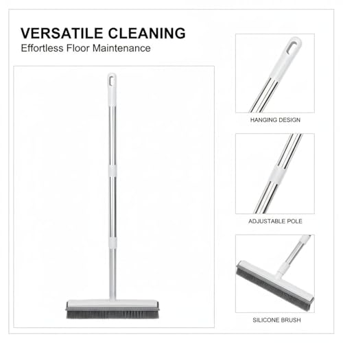 Generic 50.4 in Adjustable Pet Hair Broom with Silicone Squeegee, 12.2 in Head, White Brush for Tile Hardwood Carpet Cleaning