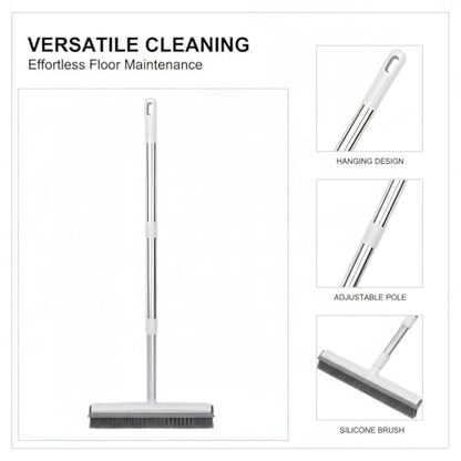 Generic 50.4 in Adjustable Pet Hair Broom with Silicone Squeegee, 12.2 in Head, White Brush for Tile Hardwood Carpet Cleaning