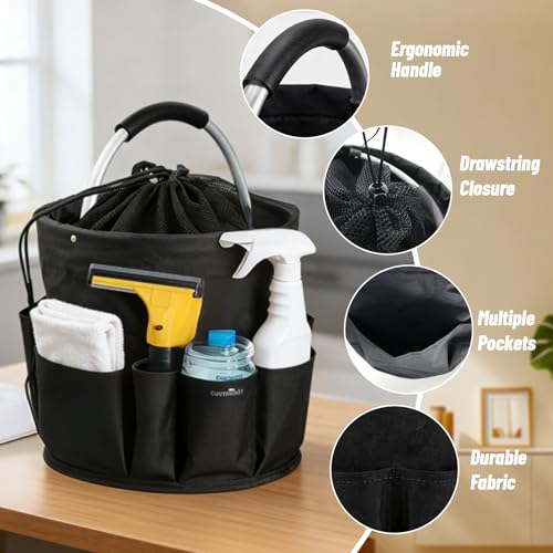 Cleaning Caddy with Handle, 17L Cleaning Products Organiser, Portable Cleaning Caddy with 7 Pockets, Foldable Storage Basket for Cleaning Products, Home, Garden & Household Supplies