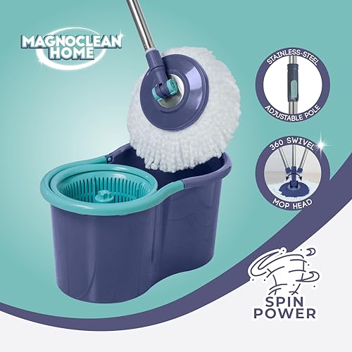 Spin Mop Bucket Set, 5.8L Hands-Free Wringer, Adjustable Stainless Steel Handle, Safe for All Indoor Floors, Includes 2 Replacement Microfiber Mop Heads, Blue