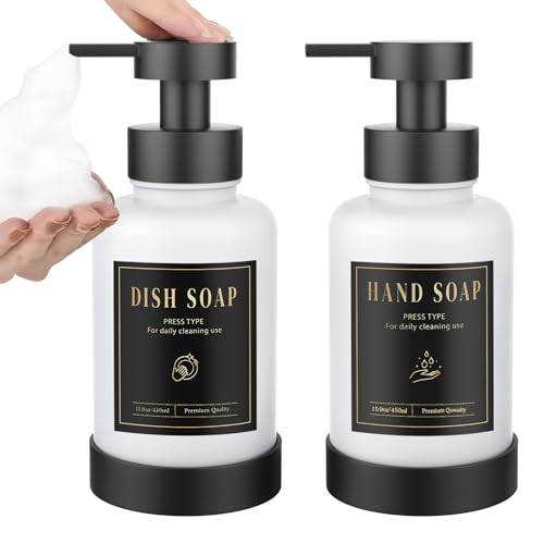 Luxspire Foaming Soap Dispenser, Glass Foam Pump Soap Dispenser, Non-Slip Hand Soap Bottle with 5 Waterproof Labels, 15 Oz Refillable Liquid Soap Bottle for Bathroom & Kitchen, White, 2 Pack - color: White