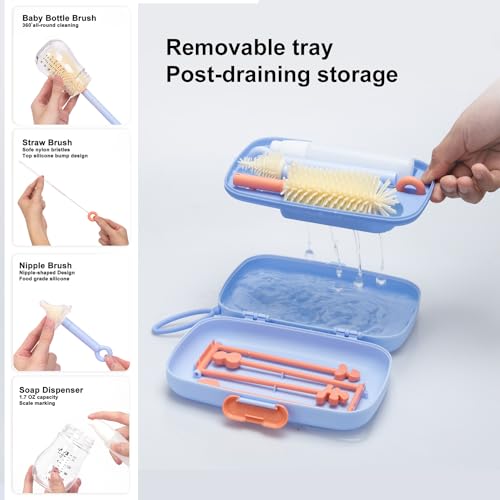 7in1 Travel Bottle Cleaner kit with Baby Bottle Brush and Bottle Drying Rack,Swift Cleaning, Easy Portability(Blue) - color: Blue