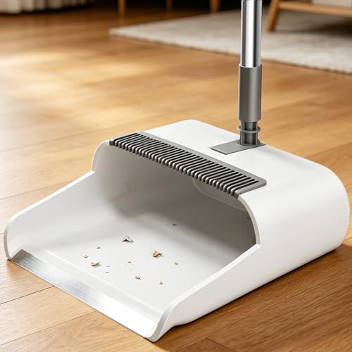 Household 53'' Broom and Dustpan Combo Set, Extra Long Handle Broom and ZeroGap Dustpan Sets with Teeth, Upright Storage Broom and Dustpan Sets for Home and Kitchen Off White