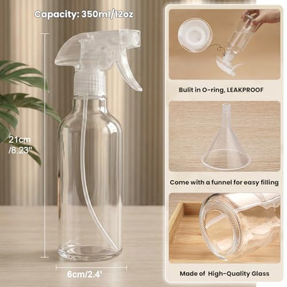 Glass Spray Bottles 12oz Empty Spray Bottle Mist/Stream Spraying Small Refillable Containers for Hair Care, Cleaning Solutions, Plants, Essential Oils 2 Pack (Clear, 12oz) - color: Clear, size: 12oz