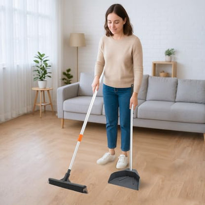 Superio Silicone Broom - Carpet Rake with 35" Long Handle Dustpan Set - Rubber Broom for Pet Hair on Carpet & Hardwood Floors, Stand-Up Dustpan with Aluminum Handle - Gray - style: Dustpan with Broom (2)