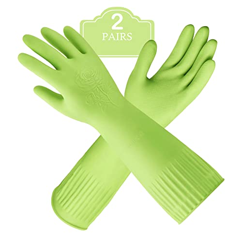 Disfore Rubber-Gloves Dishwashing Gloves for Cleaning-Kitchen - 2 Pairs Long Household Cleaning Gloves for Washing Dishes - color: Small 2 Pairs Green