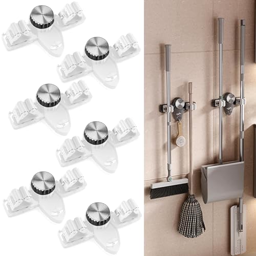 6PCS Broom Holder Mop Hanger Wall Mount, No Drill Suction Cup Mop and Broom Organizer with Hooks, Space Saving Adjustable Rack Removable Mop Clip for Bathroom, Kitchen, Garage, Laundry Room