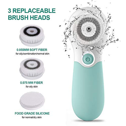 Facial Cleansing Brush Electric Facial Exfoliating Massage Brush with 3 Cleanser Heads and 2 Speeds Adjustable for Deep Cleaning, Removing Blackhead, Face Massaging - color: Green