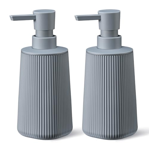 Gray 2 Pack Hand Soap Dispensers Set with No Rust Pump for Bathroom and Kitchen Countertops Refillable Matte Striped Plastic 8.5 oz - color: Gray Set of 2