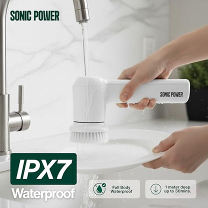 SonicPower Electric Spin Scrubber – Handheld & Ergonomic, IPX7 Waterproof, 4 Multi-Purpose Brush Heads, Long-Lasting Rechargeable Battery – Cleans Dishes, Bathroom, Tile, Grout & Kitchen (White) - color: White
