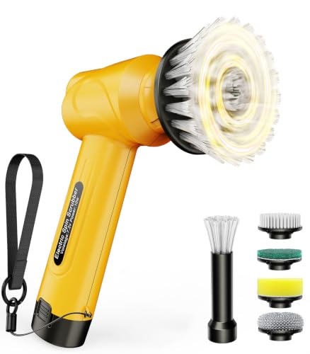 Battery Electric Spin Scrubber Q4, Handheld Scrubber for Cleaning with Display, Power Dish Scrubber with 5 Heads, Shower Cordless Cleaning Brush for Bathroom/Sink/Window - size: Battery Scrubber with 4.9-inch handle