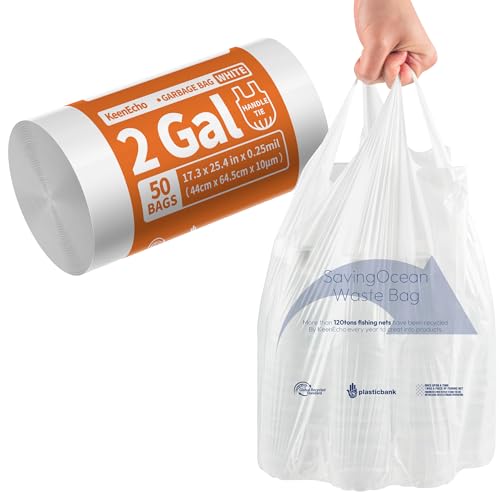 Small Trash Bags with Handles - Ocean Plastic Upcycling - Plastic Garbage Bags, Can Bin & Waste Basket Liner for Kitchen, Bathroom, Office and Pets,2 Gallon 50 Count White - color: 2Gal White, size: 1 ROLL