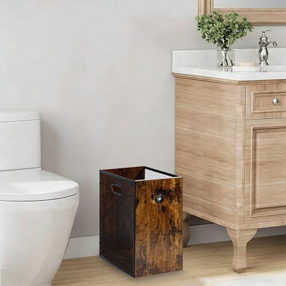 Office Trash Can 4.5 Gallon, Metal Mesh and Wood Combination Small Garbage Can, Rectangular Waste Basket with Handle, Industrial Trashcan for Home Office, Bedroom, Living Room