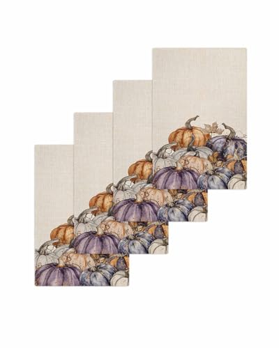 Purple Pumpkins Hand Towels Set,Waffle Weave Kitchen Towels 4 Pieces,Microfiber Hair Face Bath Tea Towel Absorbent Quick Drying Cleaning Dish Cloths,Fall Thanksgiving Vintage Maple Leaves 15.7"x23.6" - color: Purple Orange Natural Beige, size: 4PCS,15.7"x