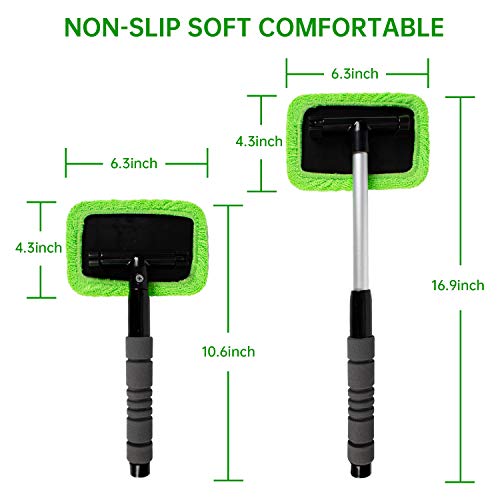 XINDELL Windshield Cleaner Tool – Car Window Cleaning Tool Extendable Handle for Easy Cleaning, 9pcs Reusable Microfiber Pads, Streak-Free Interior & Exterior Auto Glass Cleaner (Green) - size: 17in