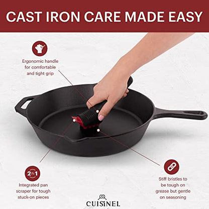 Cuisinel Cast Iron Chain Mail Scrubber + Cleaning Brush + Pan & Grill Scrapers - The Ultimate Skillet and Grill Cleaner Kit - Soft-Touch Confident-Grip Dish Scrub Tool - Silicone/Stainless Accessories - color: Red, size: Full Set