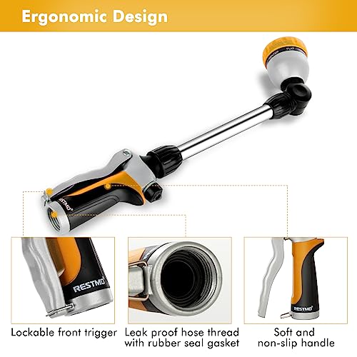 RESTMO Metal Watering Wand, Heavy Duty Garden Hose Wand with 180° Swivel Ratcheting Head, 16'' Hose Nozzle Sprayer with 7 Spray Patterns and Flow Control, for Water Hanging Baskets and Shrubs, Yellow - color: Yellow